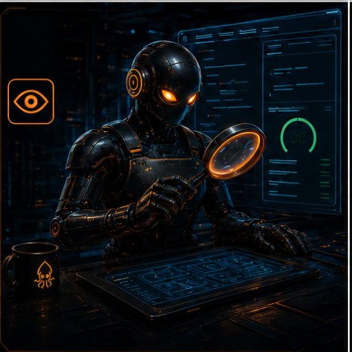 Inspector specialist: a dark factory robot examining a devtools panel with a magnifying glass