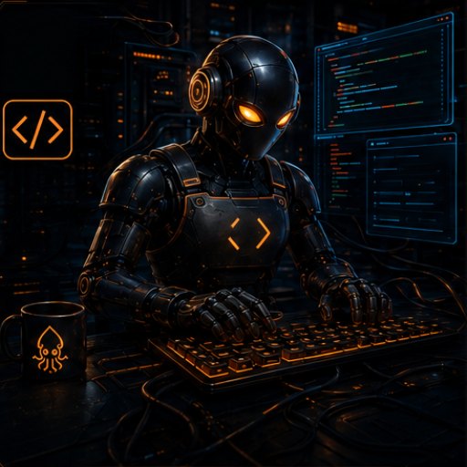 Engineer seat: a dark factory robot at a glowing keyboard with a passing build log