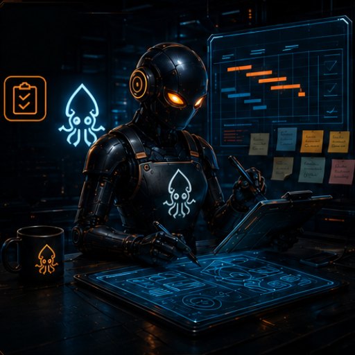 Team Leader seat: a dark factory robot with the squid emblem sketching a project timeline