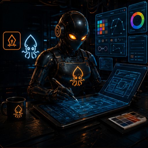 Creative Director seat: a dark factory robot drawing wireframes on a blueprint tablet