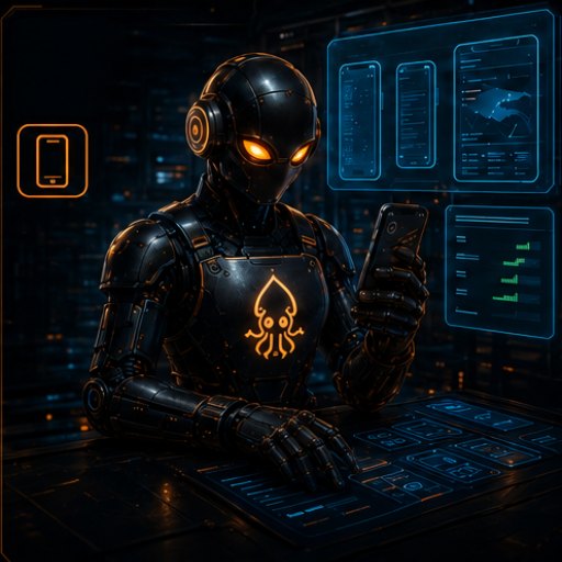 Dispatch seat: a dark factory robot checking phone screens across devices and networks